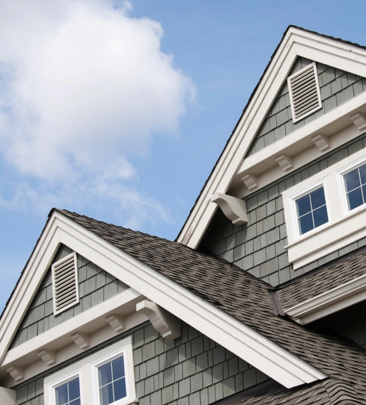 house roof peaks against blue sky